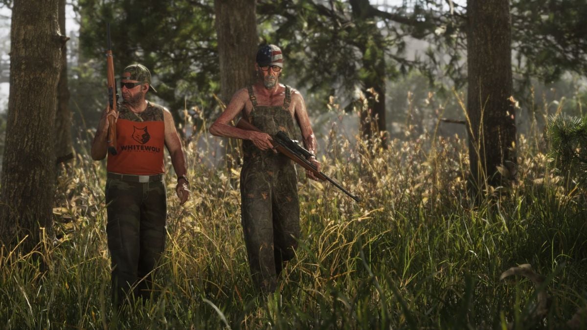 Deux chasseurs dont l'un porte un fusil de chasse à lunette dans une forêt de Leonida, GTA VI