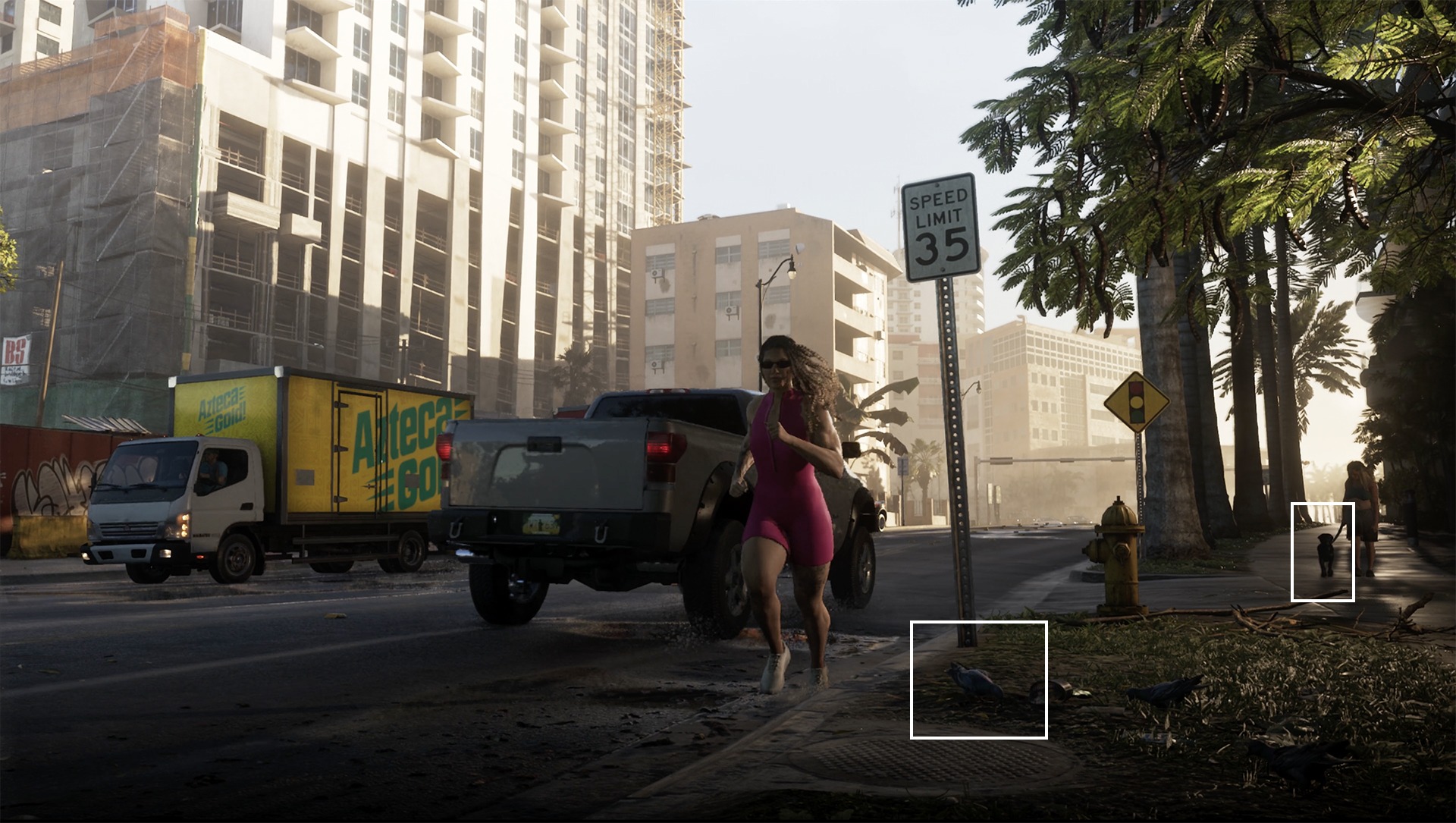 Un chien et un pigeon dans une rue de Vice City dans GTA VI