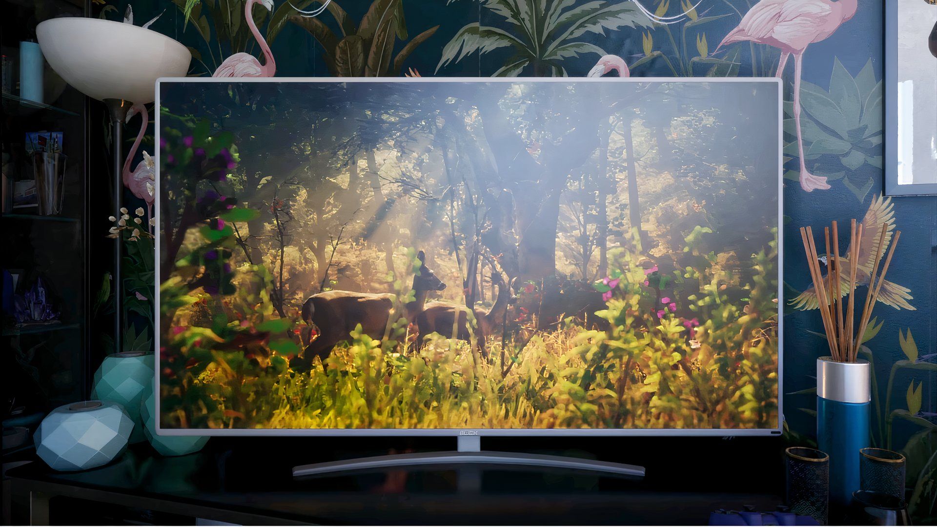 Écran de télévision diffusant une publicité fictive de GTA VI avec des cerfs dans une forêt