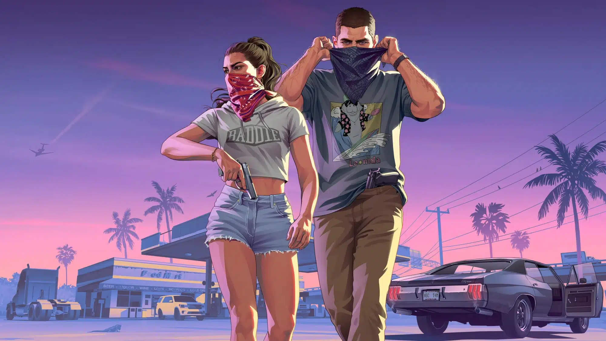 Jason et Lucia remontent leurs bandanas devant une station-service de Leonida, illustration officielle de GTA VI