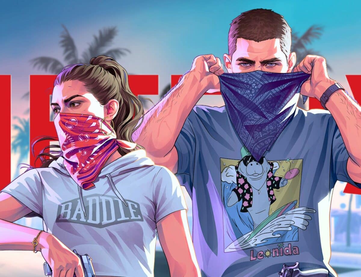 Jason et Lucia ajustant leurs bandanas devant le logo Netflix, illustration officielle GTA VI