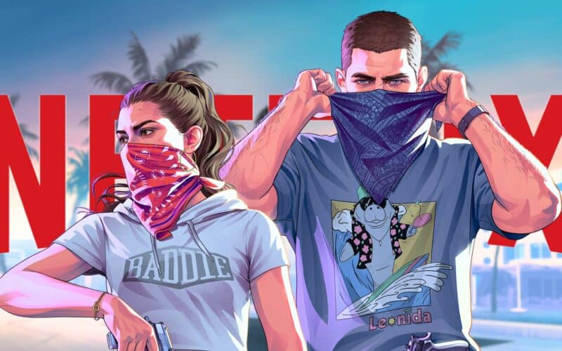 Jason et Lucia ajustant leurs bandanas devant le logo Netflix, illustration officielle GTA VI