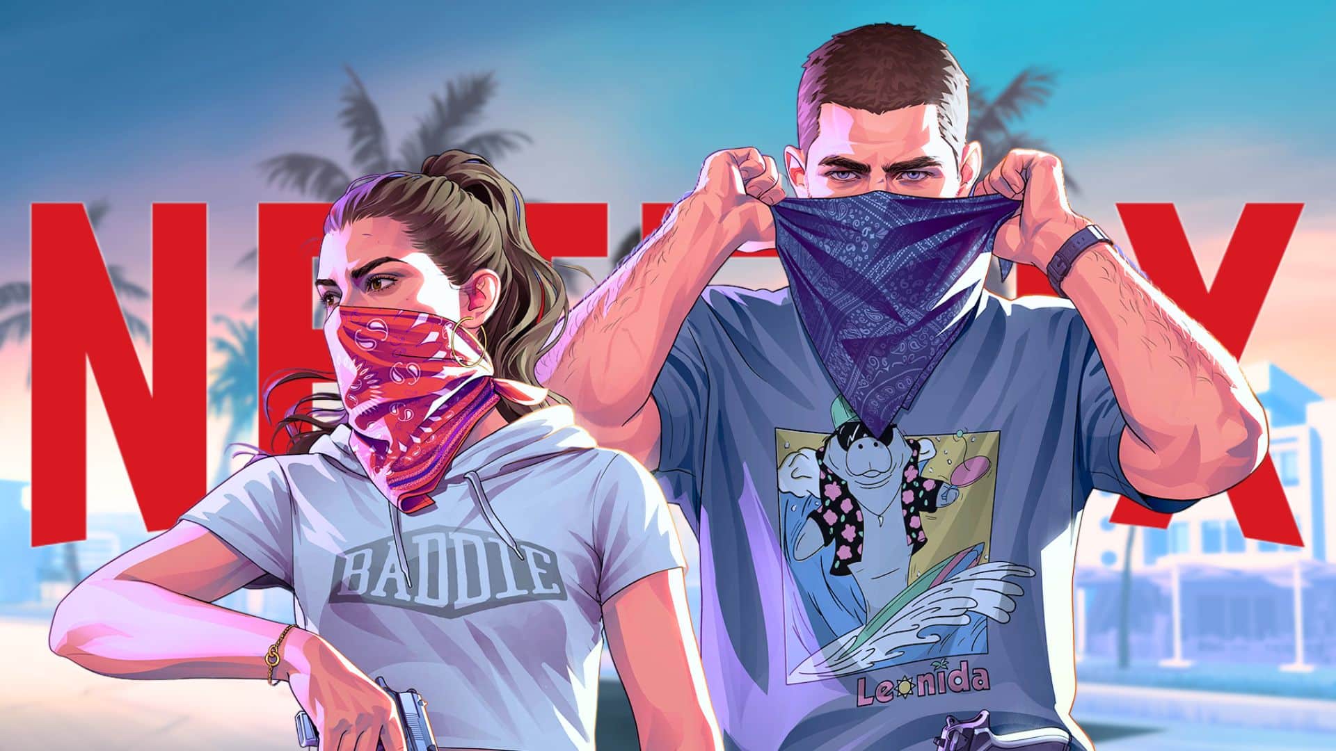Jason et Lucia ajustant leurs bandanas devant le logo Netflix, illustration officielle GTA VI