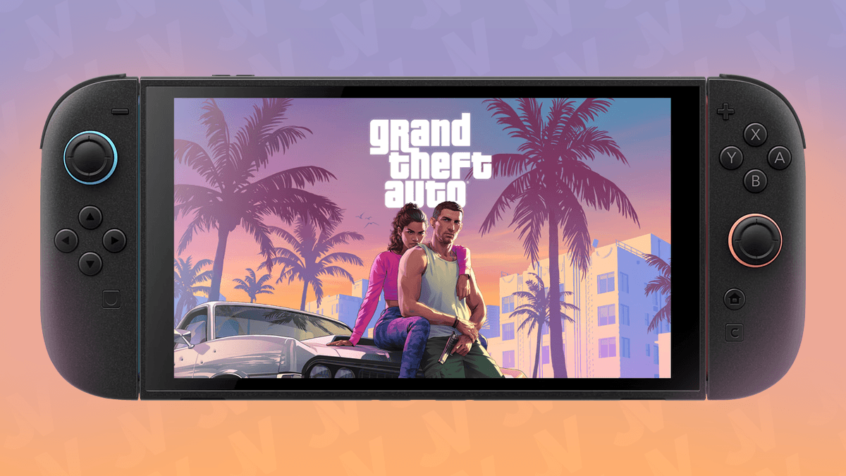 Montage non officiel montrant GTA VI affiche sur l'ecran d'une console Nintendo Switch 2