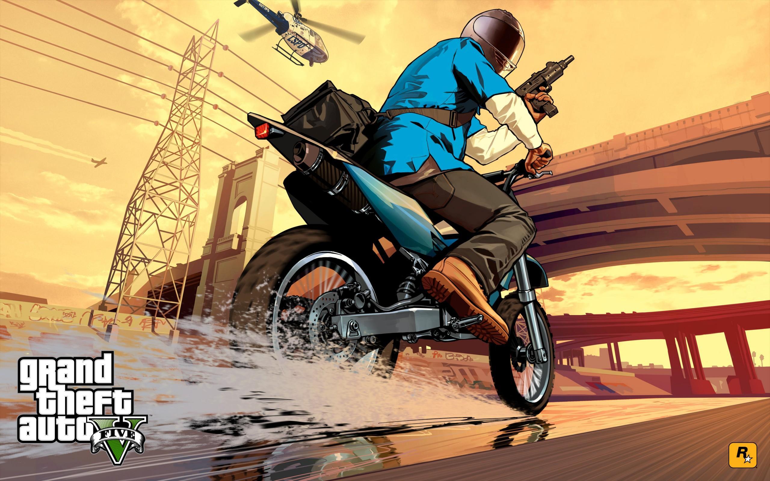 Artwork officiel de GTA V : Franklin en course-poursuite à moto
