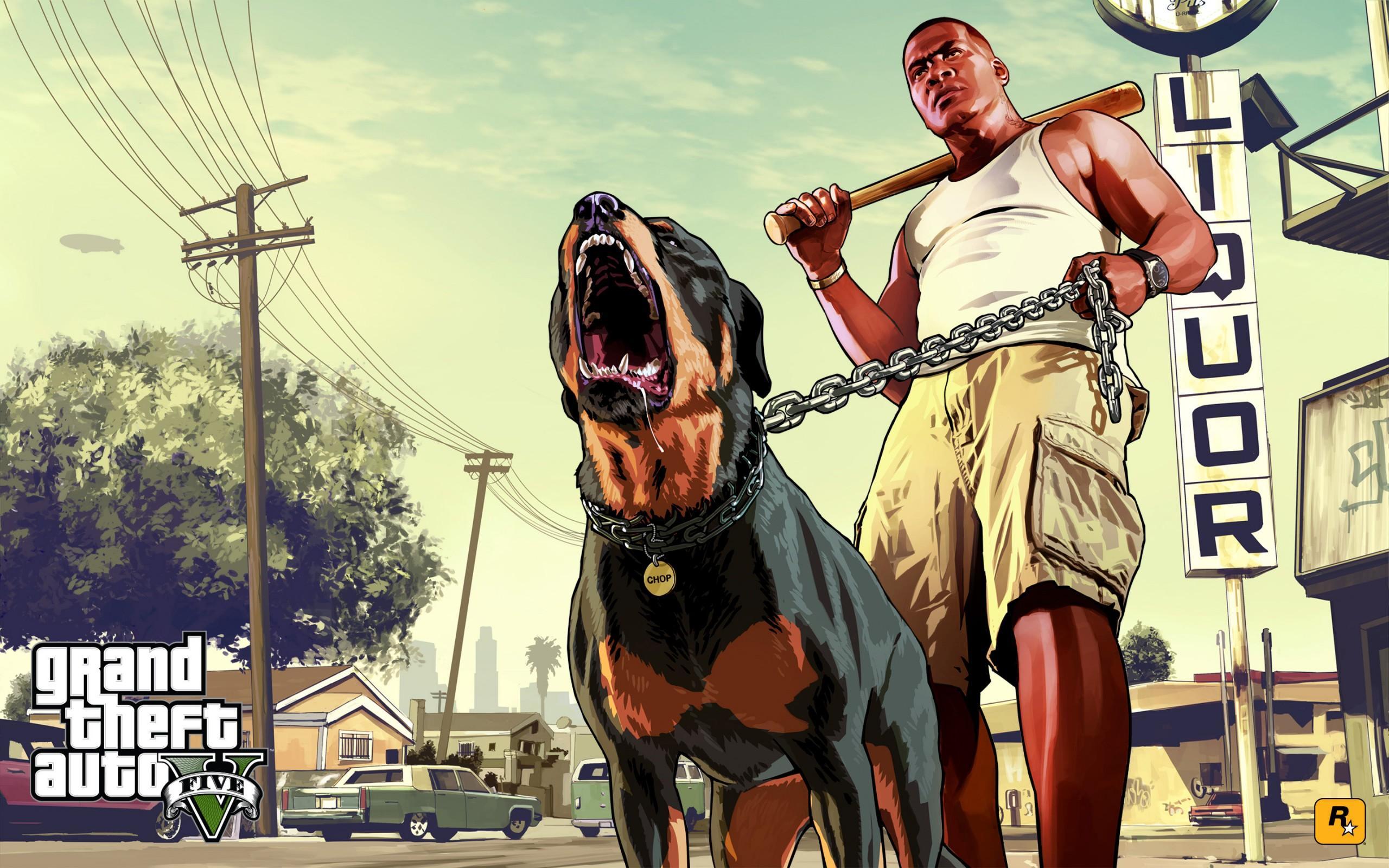 Artwork officiel de GTA V : Franklin avec son chien Chop