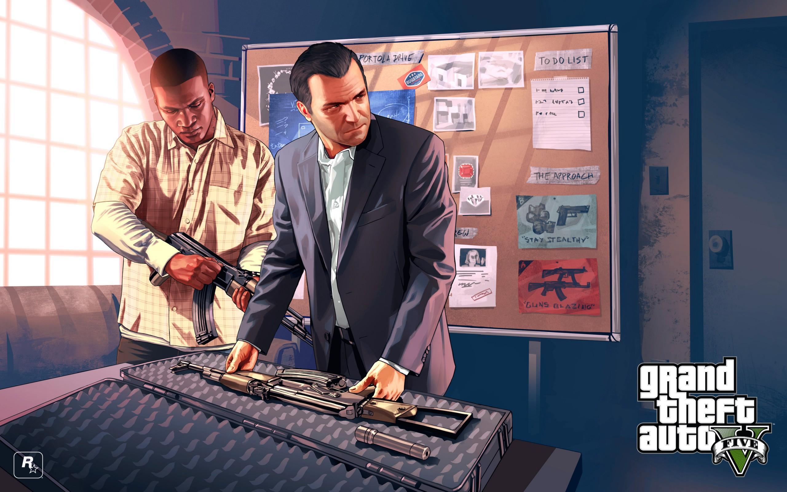 Artwork officiel de GTA V : Michael et Franklin préparent un braquage devant un tableau de plans
