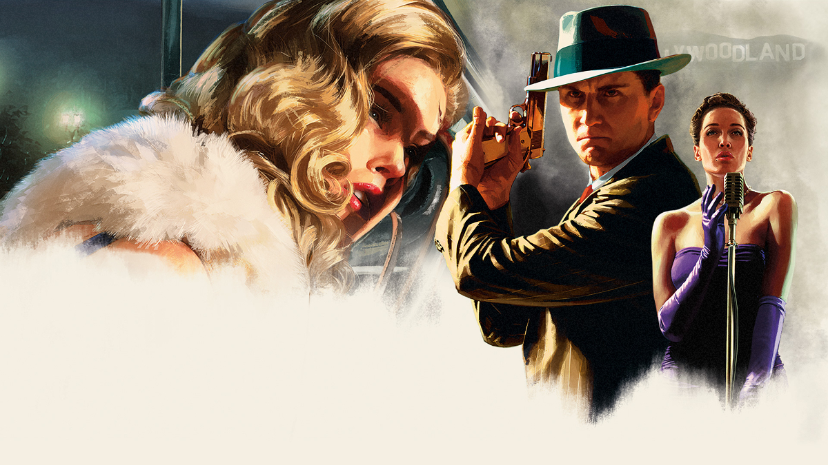 Artwork officiel de L.A. Noire avec Cole Phelps, arme au poing, devant le panneau Hollywoodland