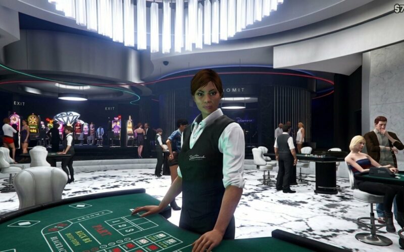 Capture d'ecran de GTA Online montrant une croupiere du Diamond Casino & Resort derriere une table de blackjack