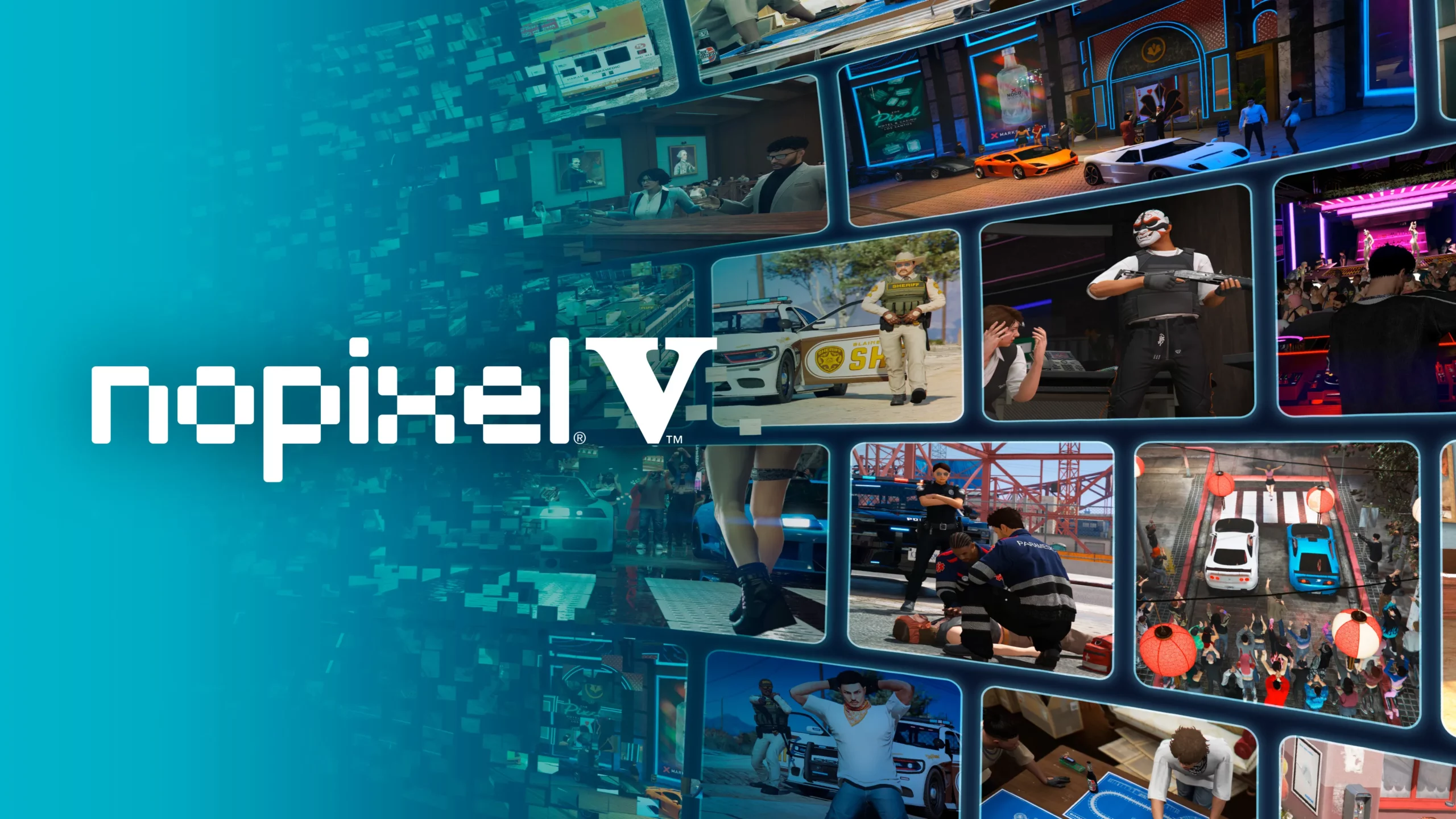 Key art officiel de NoPixel V avec collage de scènes de roleplay