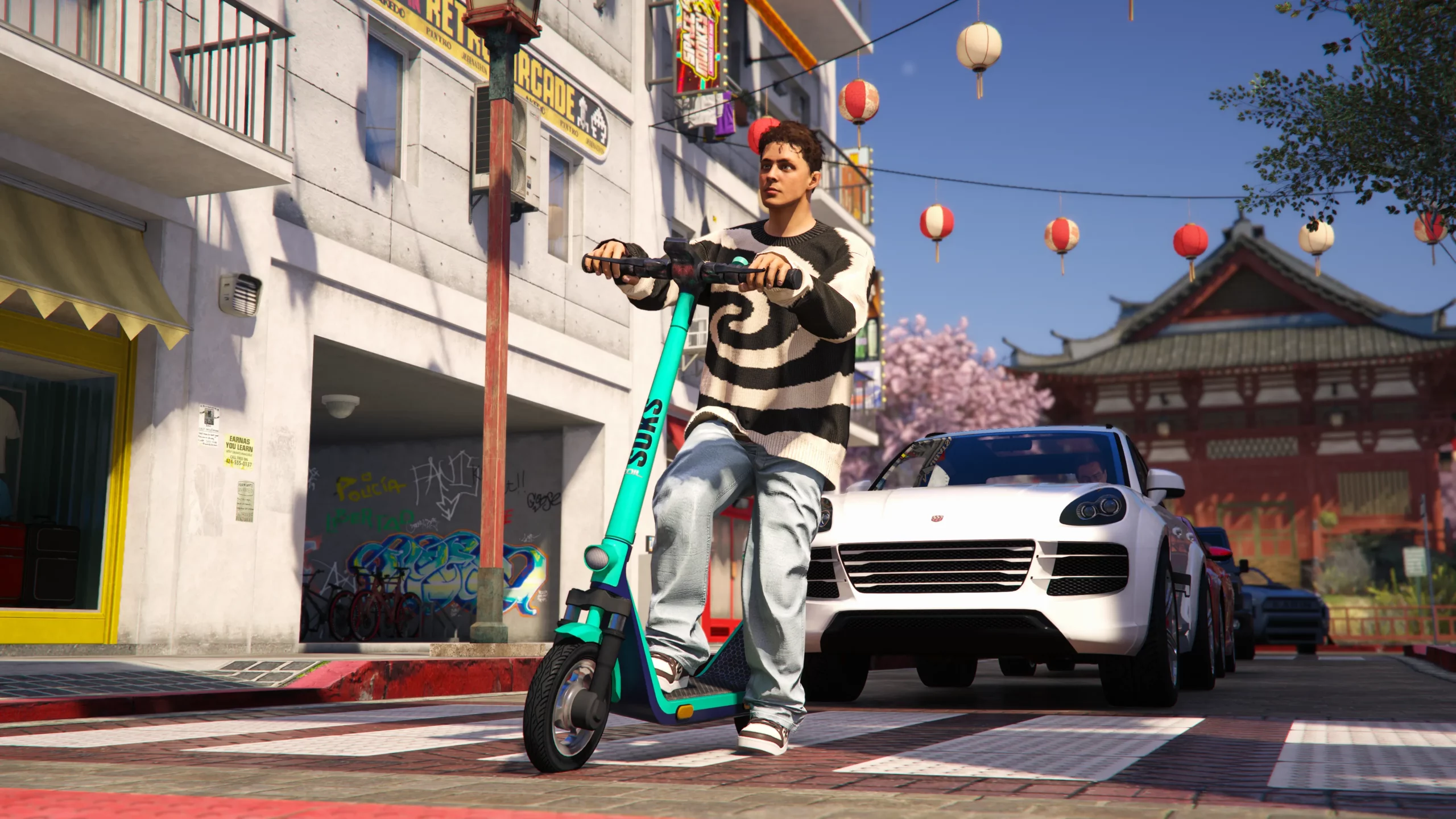 Personnage se déplaçant en trottinette électrique