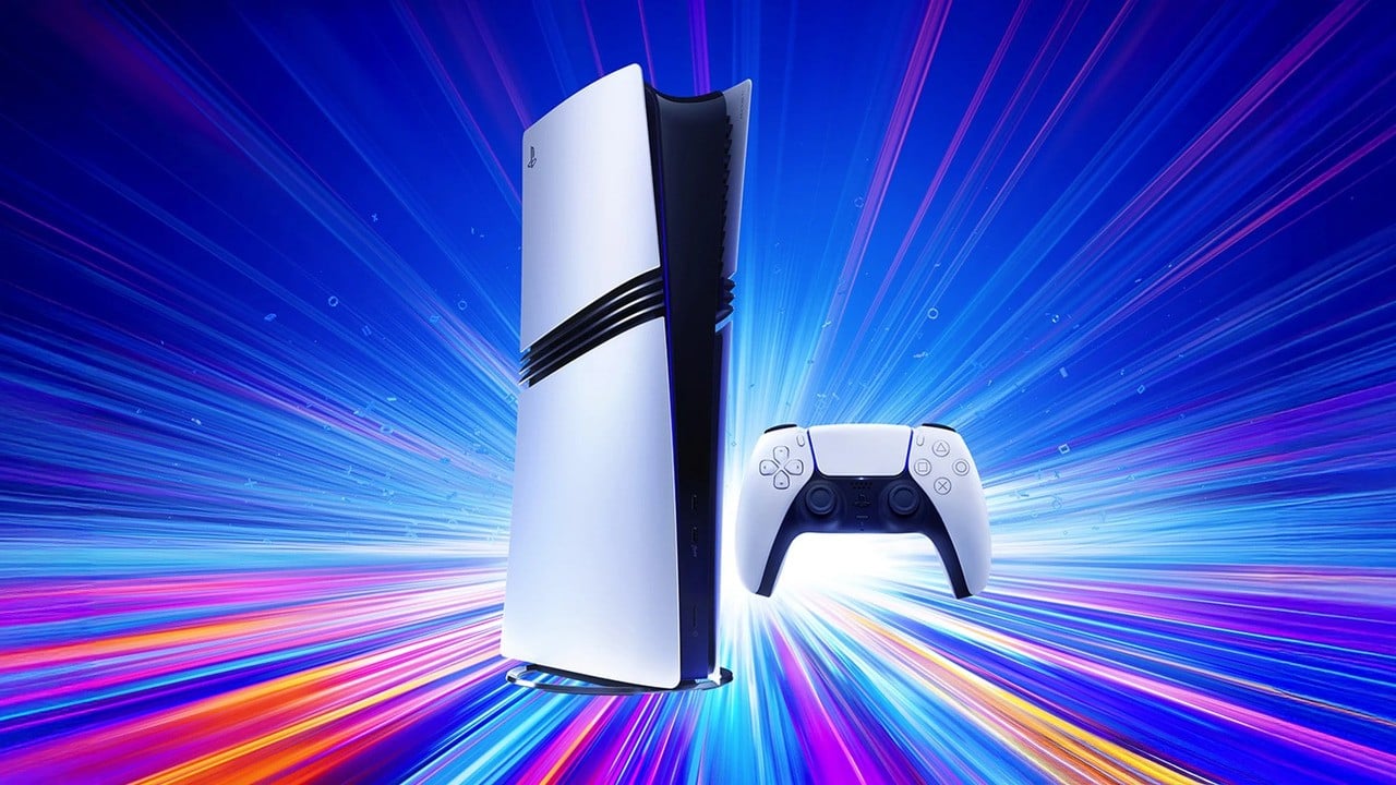 La PS5 Pro debout à côté d’une manette DualSense sur fond de rayons lumineux bleus et roses