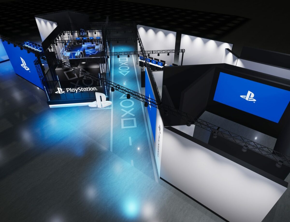 Rendu officiel du stand PlayStation au Tokyo Game Show 2026, avec grand ecran et sol lumineux