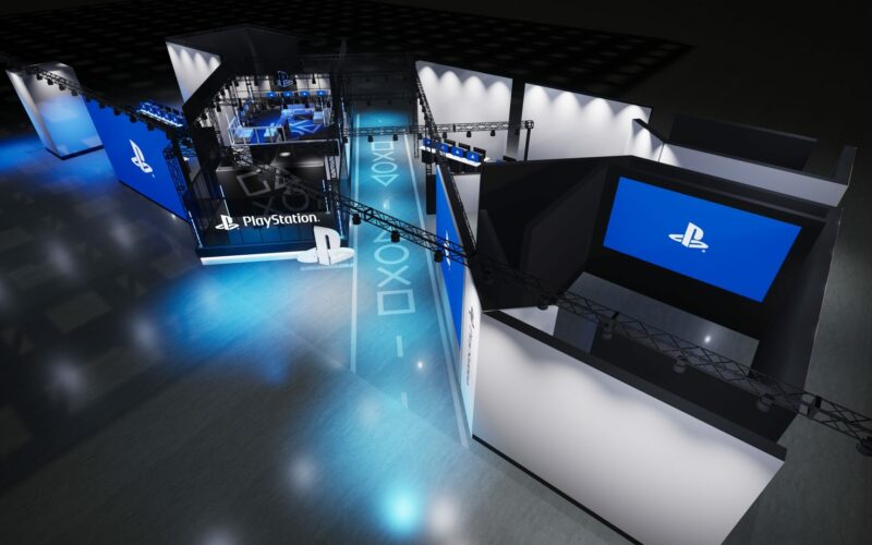 Rendu officiel du stand PlayStation au Tokyo Game Show 2026, avec grand ecran et sol lumineux