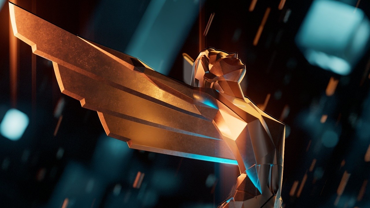 Le trophée ailé des Game Awards, éclairé en orange et bleu