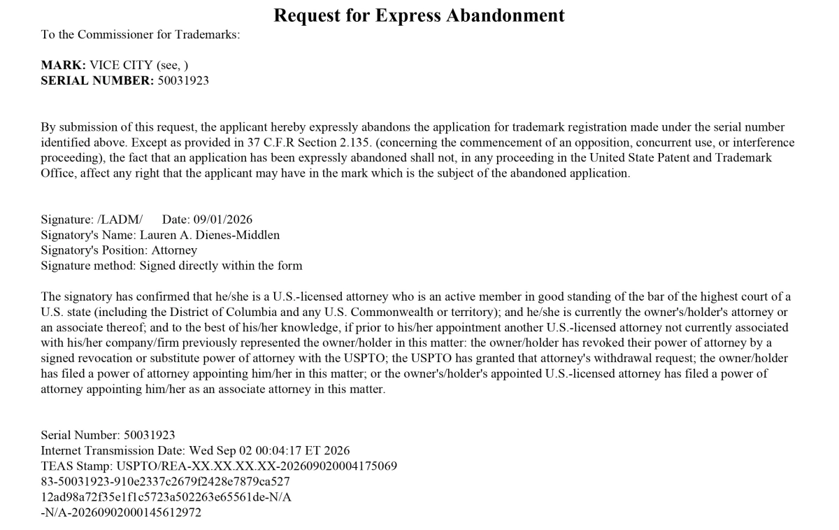 Document de l’USPTO : demande d’abandon exprès de la marque VICE CITY, numéro de série 50031923