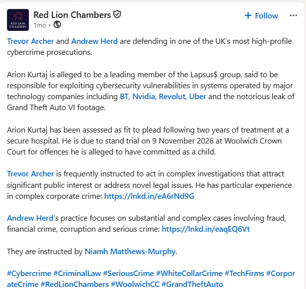 Publication LinkedIn de Red Lion Chambers annonçant le procès d’Arion Kurtaj le 9 novembre 2026 à la Woolwich Crown Court