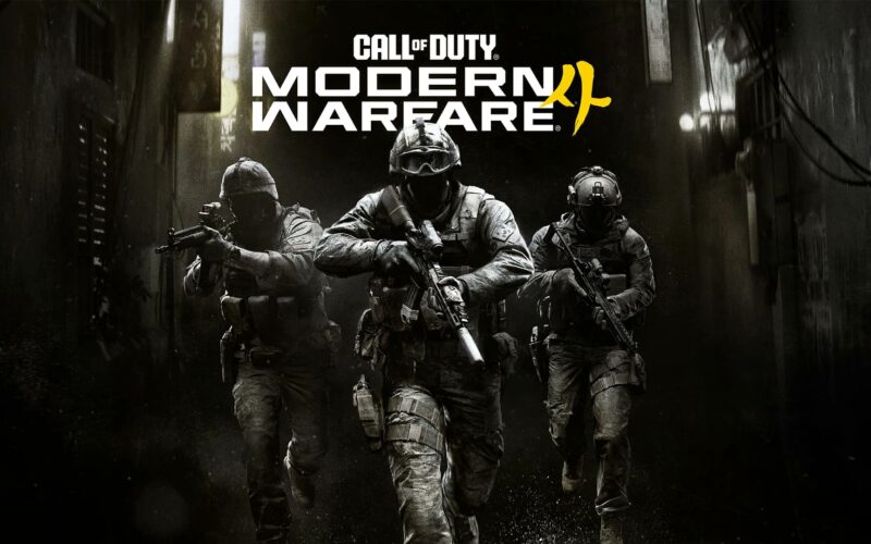 Visuel officiel de Call of Duty: Modern Warfare 4 : trois soldats avancent dans une ruelle sombre sous le logo du jeu
