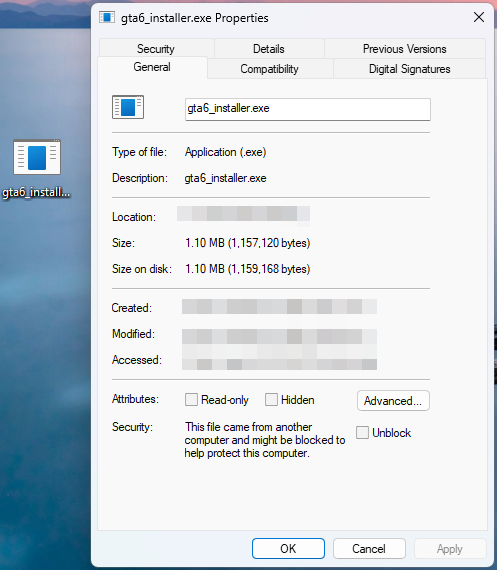 Propriétés Windows du fichier gta6_installer.exe, d’une taille de 1,10 Mo