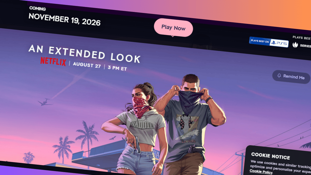 Faux site imitant la page officielle de GTA VI, avec un bouton Play Now qui télécharge un logiciel malveillant