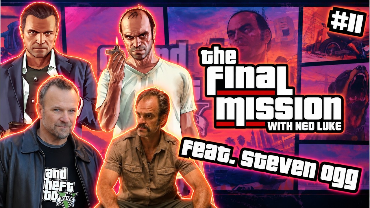 Vignette de l’épisode 11 de The Final Mission : Ned Luke et Steven Ogg devant les illustrations de Michael et Trevor de GTA V
