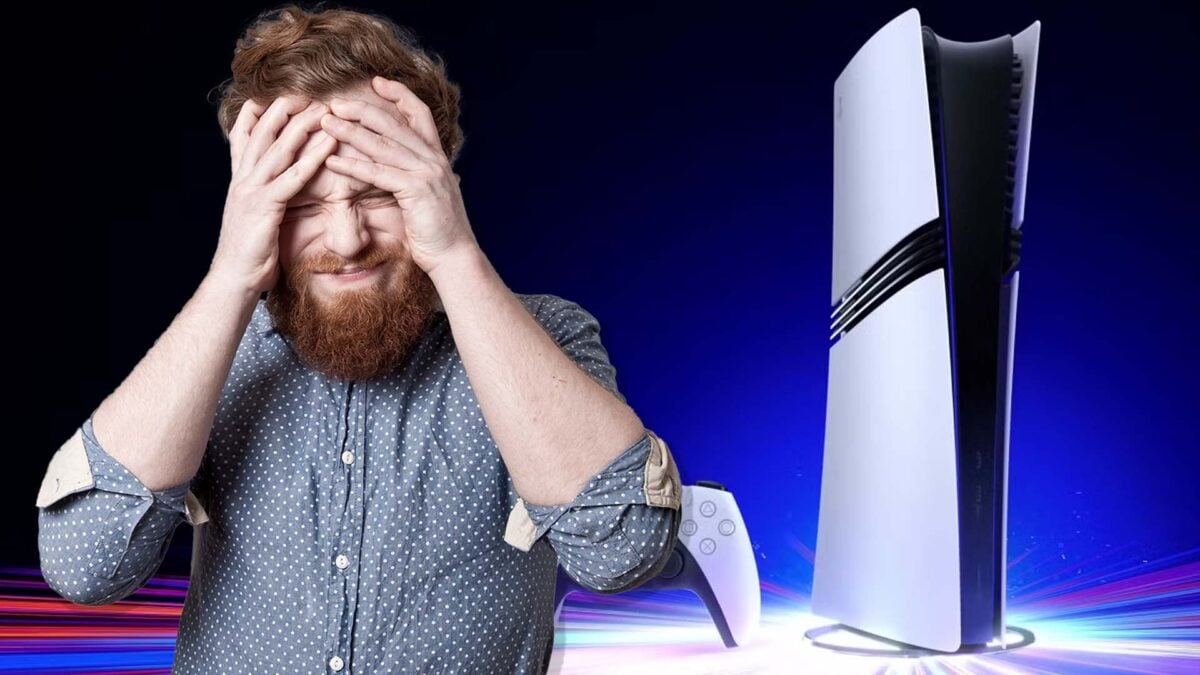 Une PS5 Pro debout à côté d’un joueur qui se prend la tête dans les mains