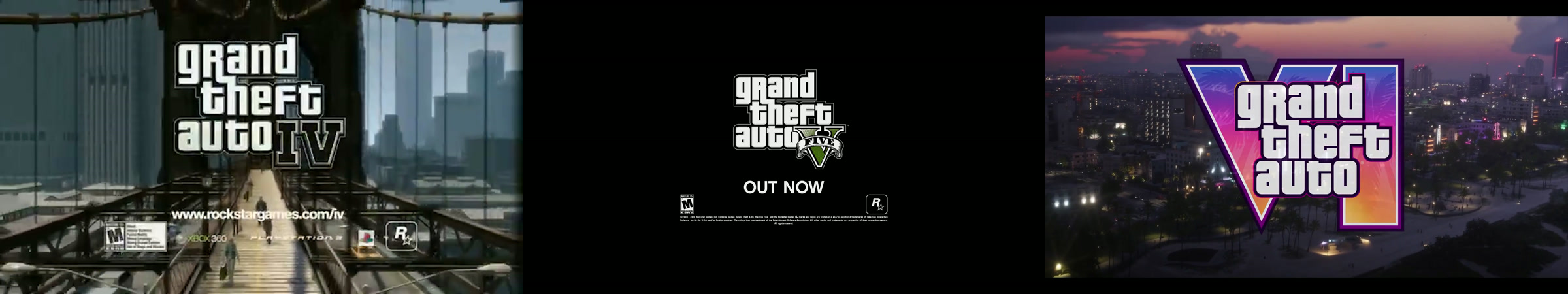 Écrans titre des trailers de GTA IV sur un pont de Liberty City, de GTA V sur fond noir et de GTA VI au-dessus de Vice City