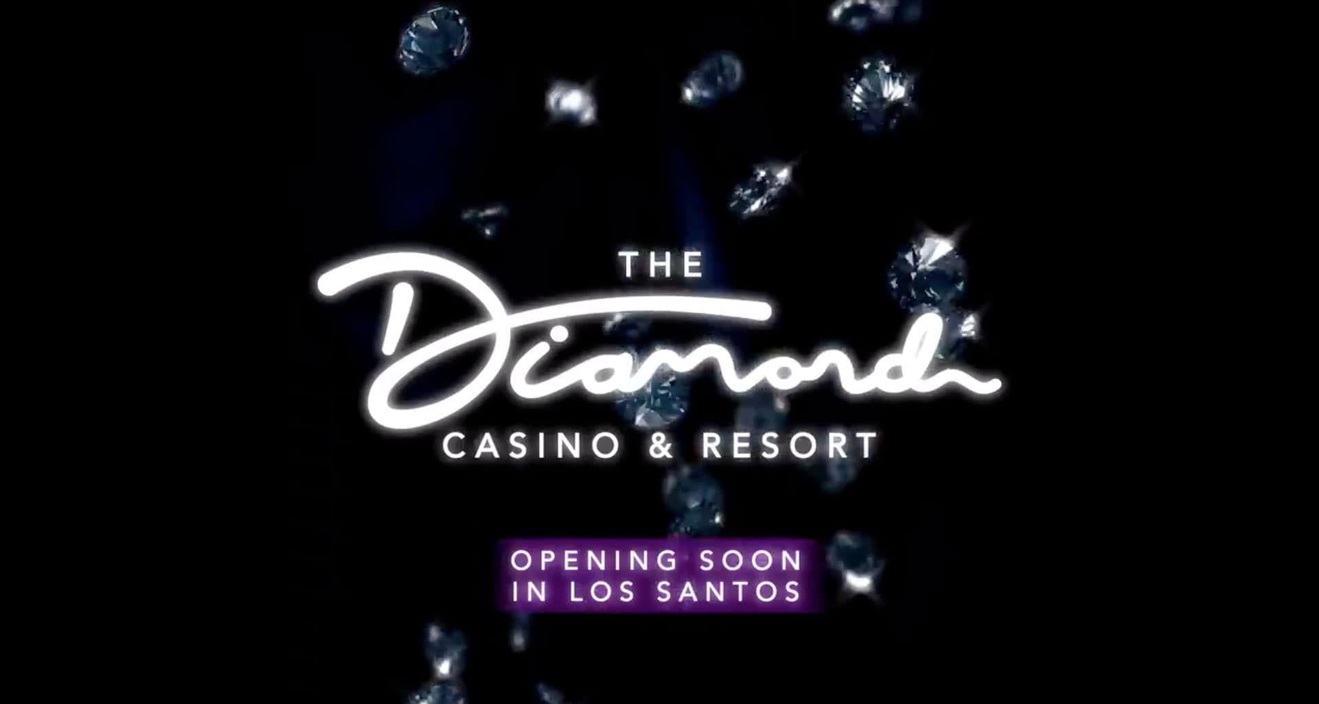 Logo lumineux du Diamond Casino & Resort sur fond noir parsemé de diamants, avec la mention Opening soon in Los Santos, dans GTA Online