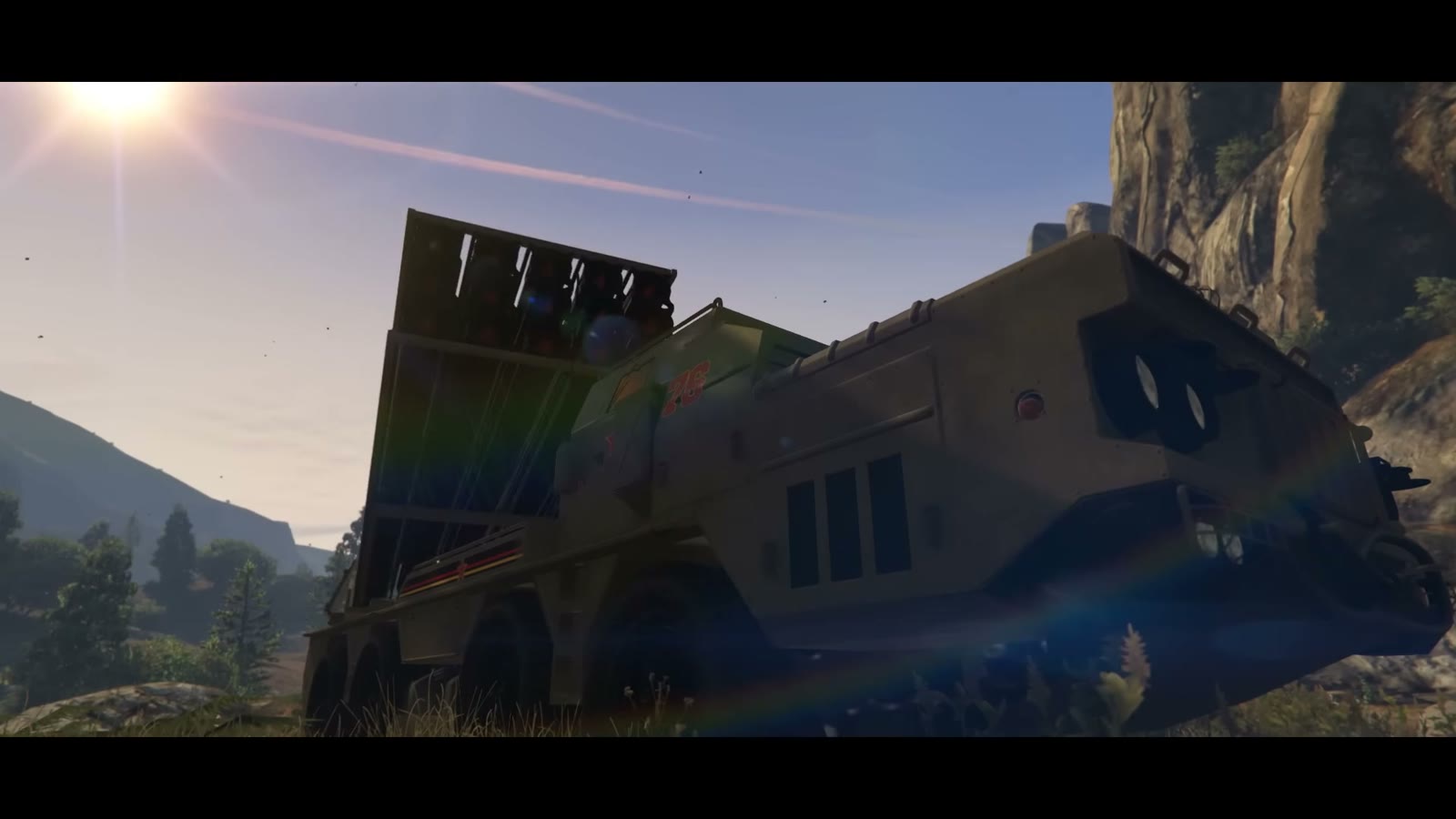 Véhicule lance-missiles dans les montagnes de Blaine County, extrait de la bande-annonce officielle du Doomsday Heist de GTA Online