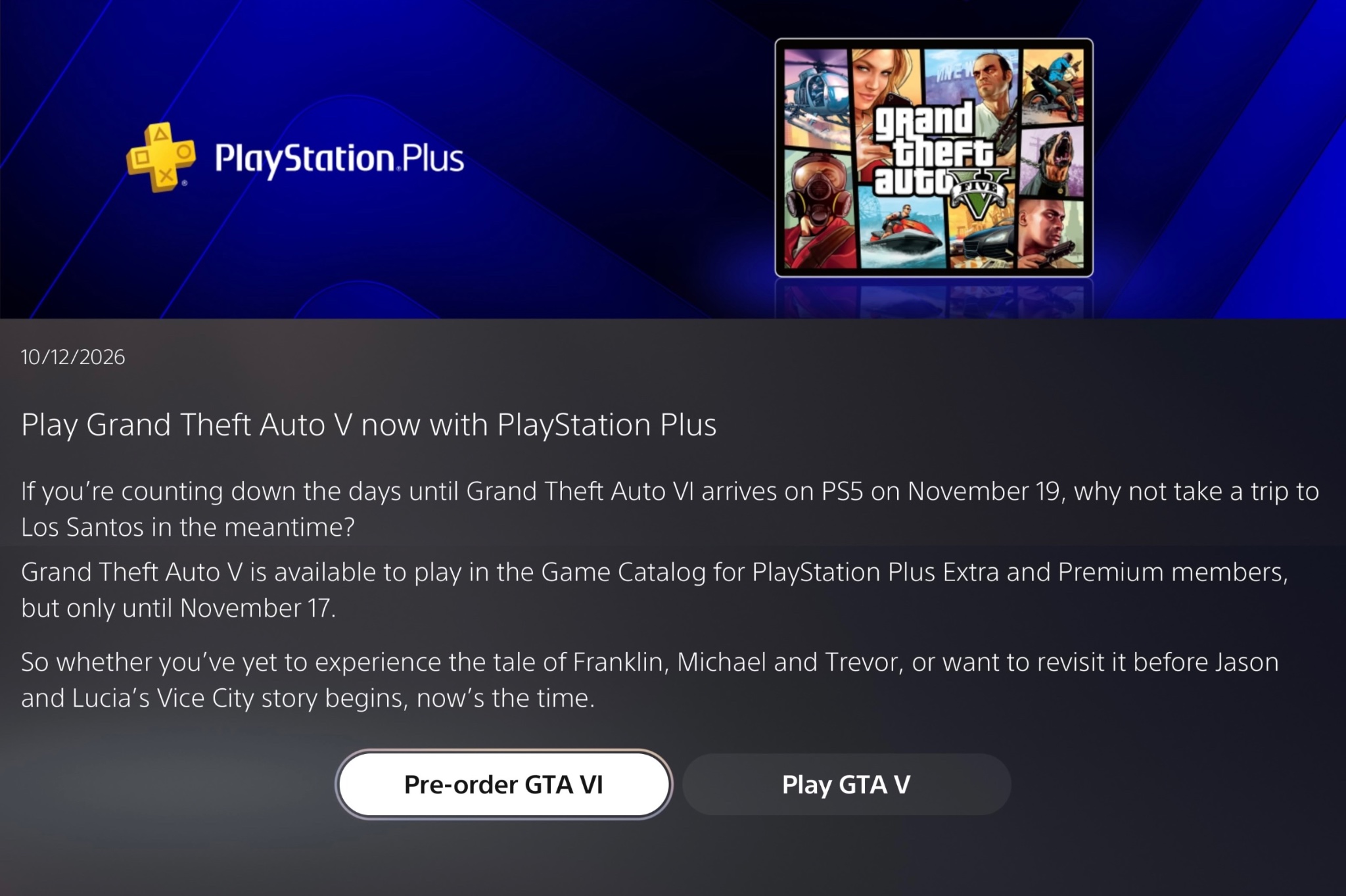 Message de PlayStation Plus sur PS5 : GTA V disponible dans le catalogue Extra et Premium jusqu’au 17 novembre, avec les boutons Précommander GTA VI et Jouer à GTA V