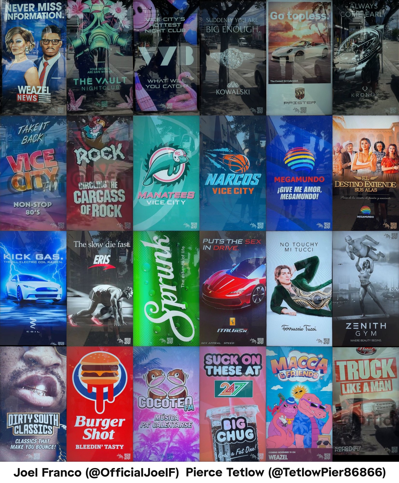 Mosaïque des 24 publicités GTA VI repérées sur les bornes numériques de Miami