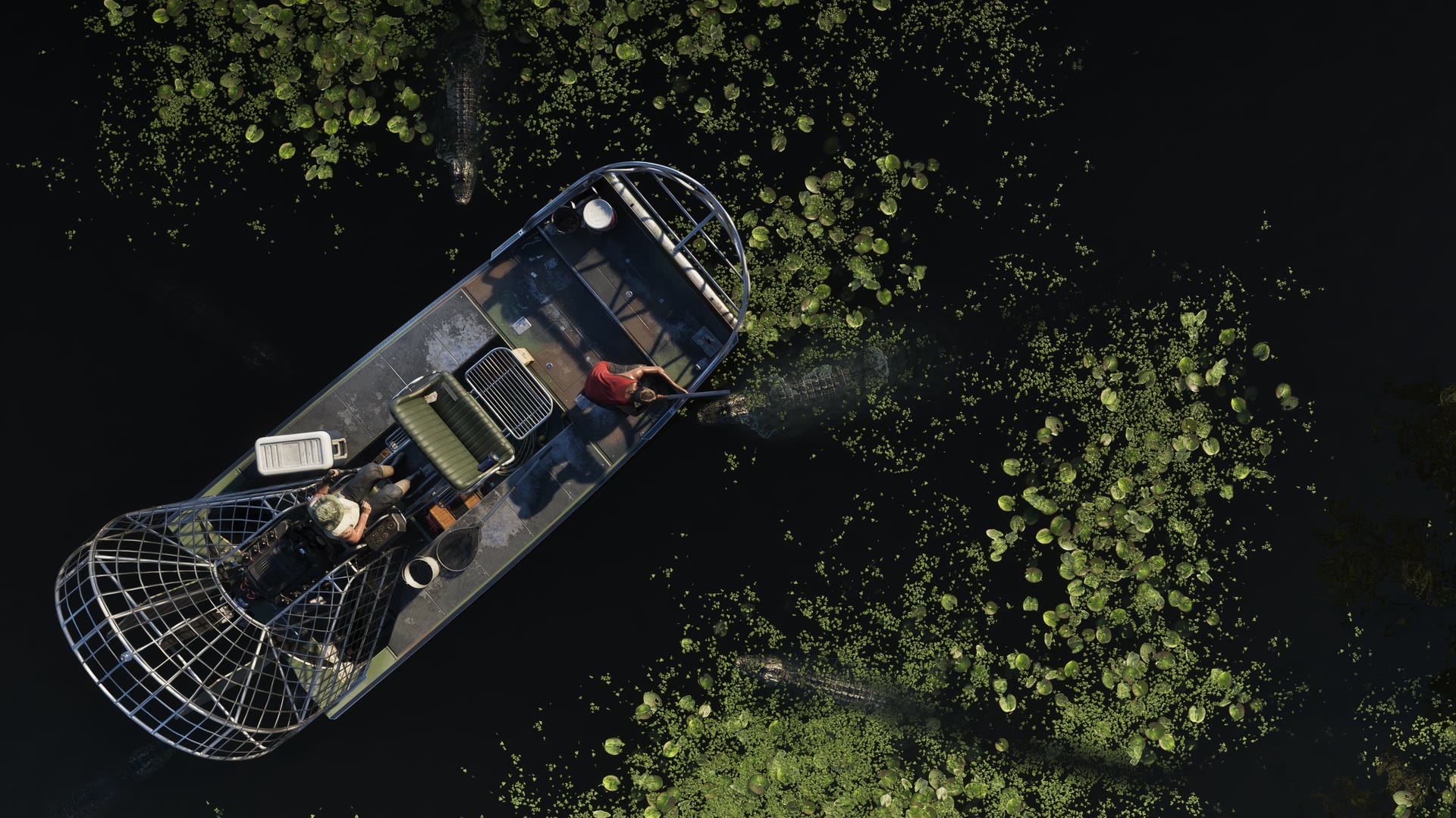 Vue du dessus d’un hydroglisseur qui file entre les arbres des marais de Grassrivers, dans GTA VI