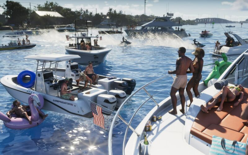 Des bateaux de plaisance et des jet-skis rassemblés au large des Leonida Keys, dans GTA VI
