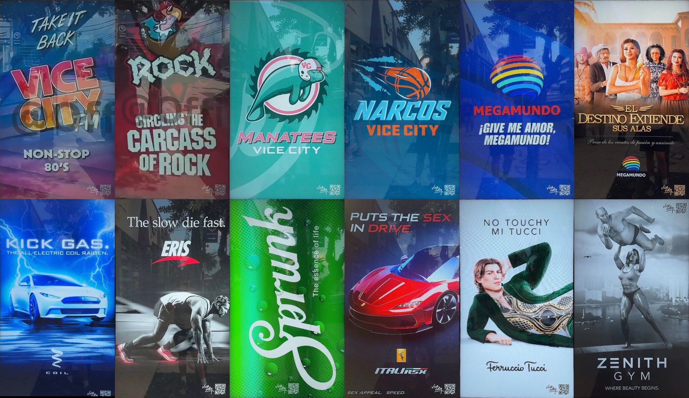 Douze affiches GTA VI sur les bornes de Miami : Vice City FM, V-Rock, Manatees, Narcos, Megamundo, Coil, Eris, Sprunk, Ferruccio Tucci, Zenith Gym