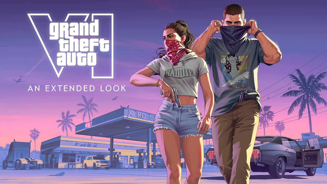 Affiche officielle de GTA VI: An Extended Look, avec Jason et Lucia masqués devant une station-service