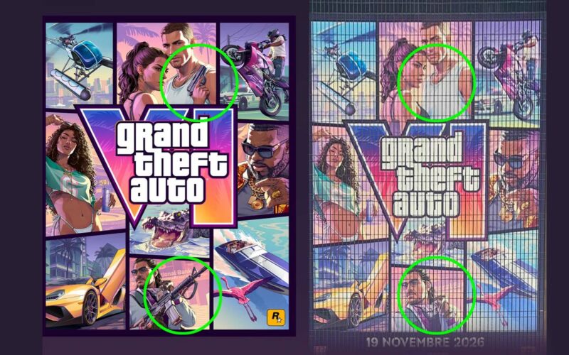 Comparaison entre la jaquette officielle de GTA VI et la bâche des Mercuriales à Paris, où le pistolet et le fusil d’assaut ont disparu