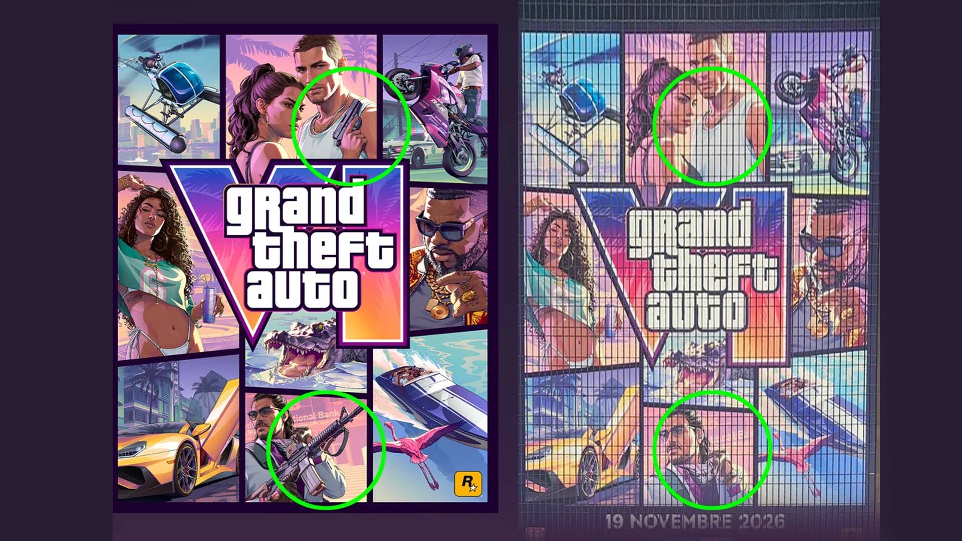 Comparaison entre la jaquette officielle de GTA VI et la bâche des Mercuriales à Paris, où le pistolet et le fusil d’assaut ont disparu