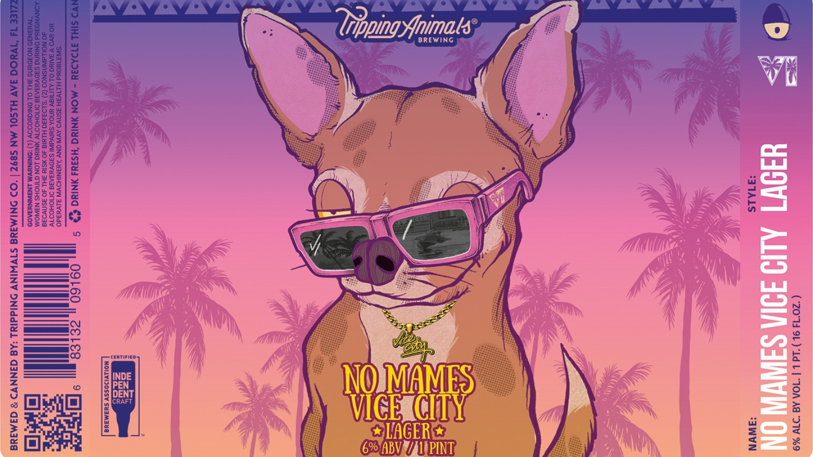 Étiquette de la bière No Mames Vice City : un chihuahua à lunettes roses et chaîne Vice City devant des palmiers au coucher du soleil, logo VI de GTA VI