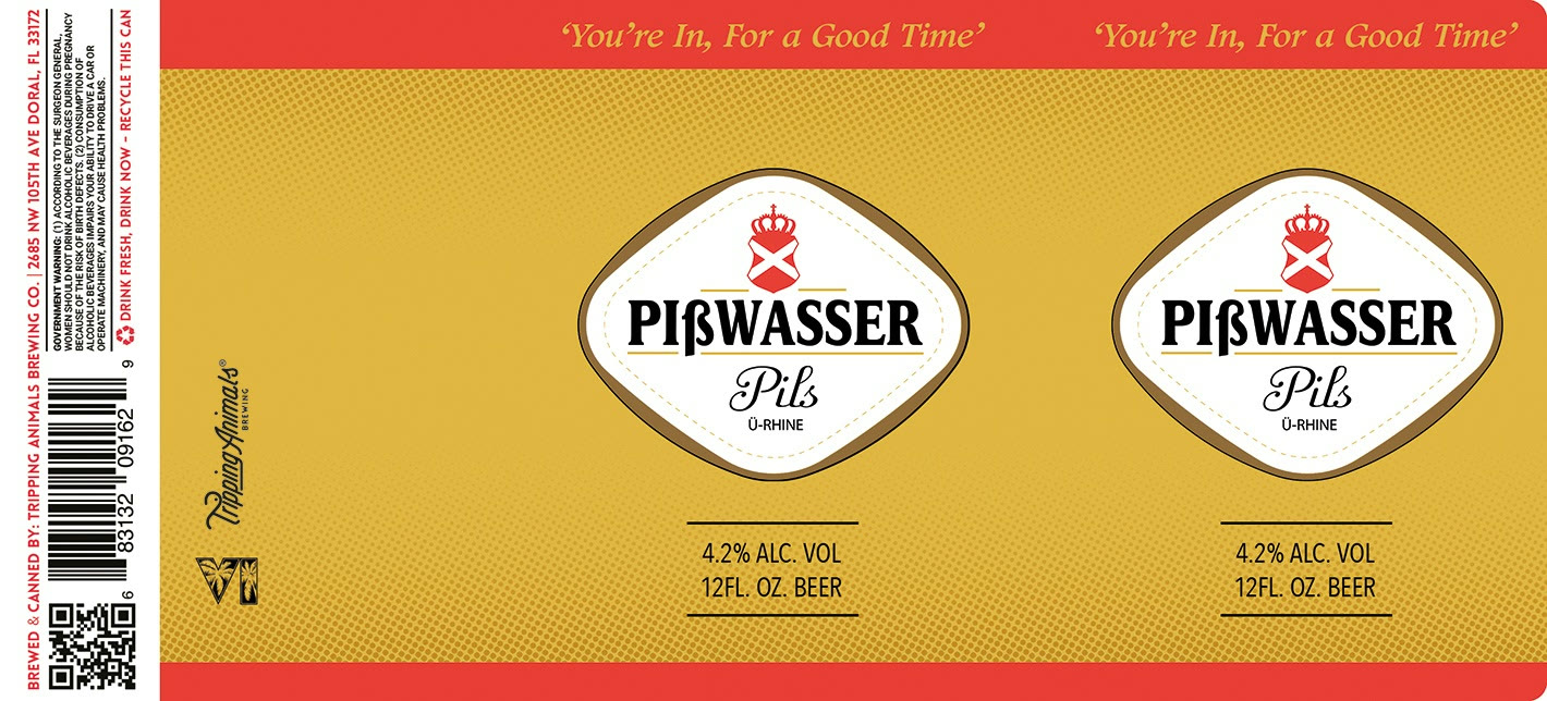Étiquette de canette jaune et rouge de la Pißwasser Pils, slogan You’re in, for a good time, logos Tripping Animals et VI