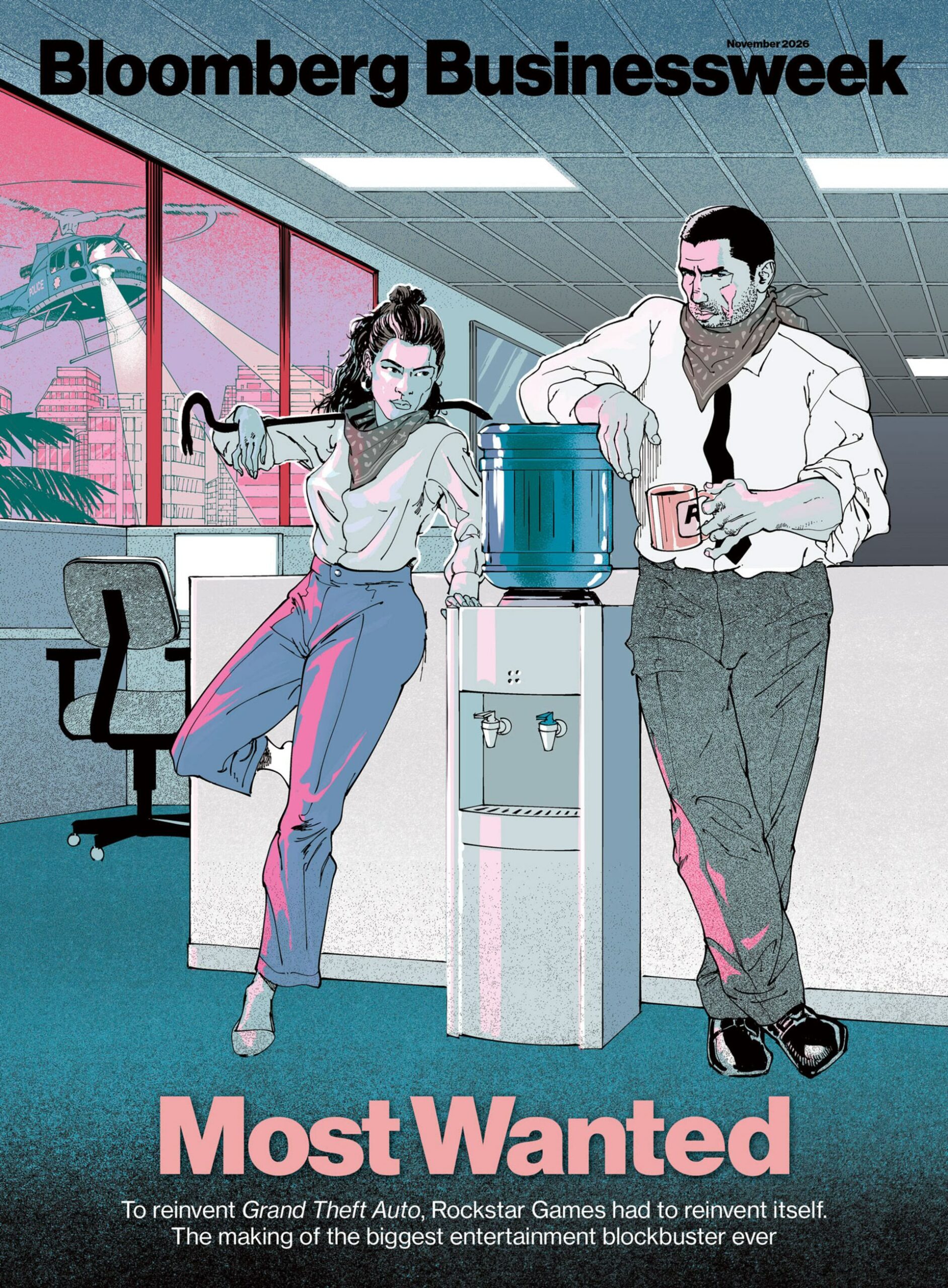 Couverture de Bloomberg Businessweek de novembre 2026, titrée « Most Wanted », avec une illustration de deux employés de bureau façon GTA VI