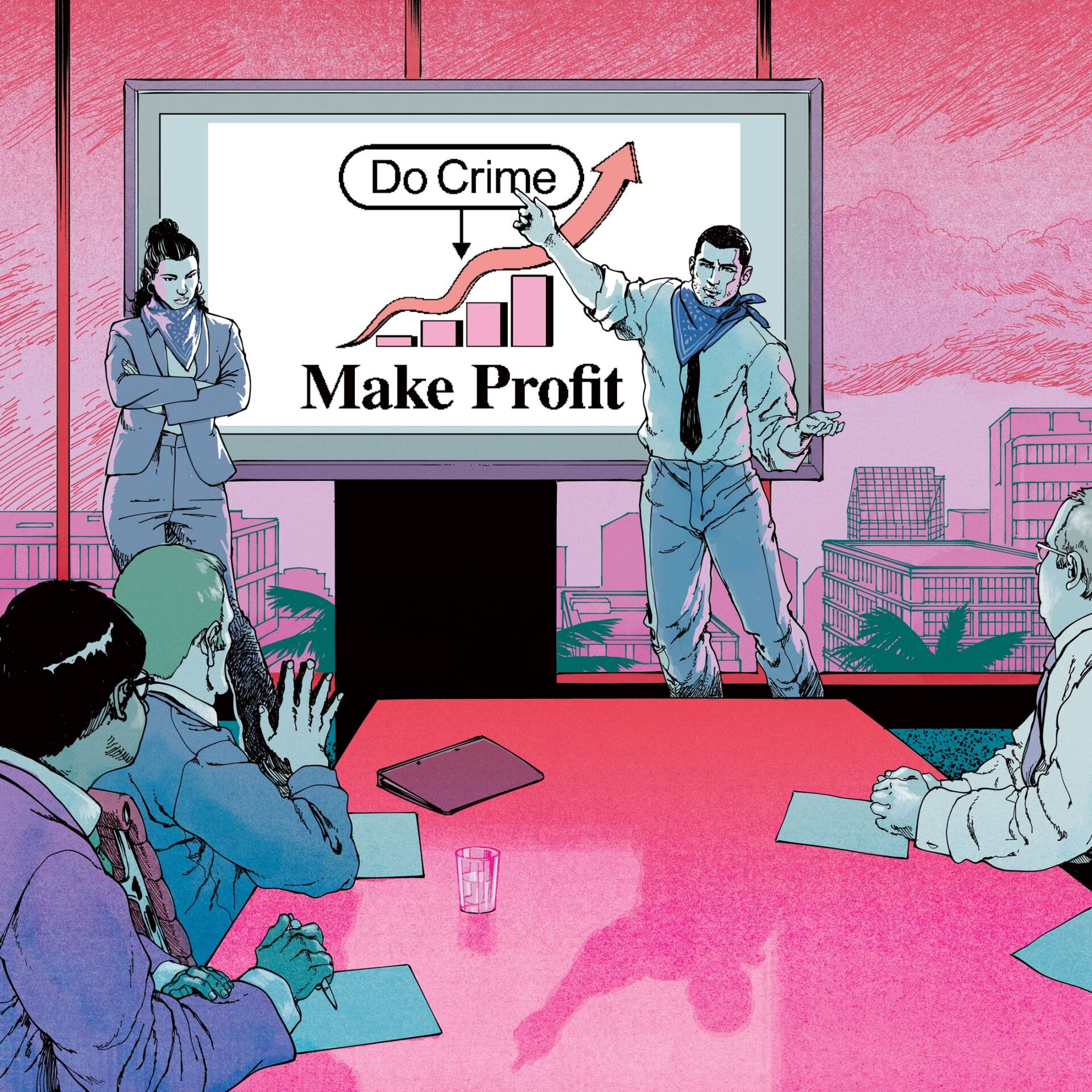 Illustration aux couleurs de Vice City : un personnage présente un graphique « Do Crime, Make Profit » à une réunion