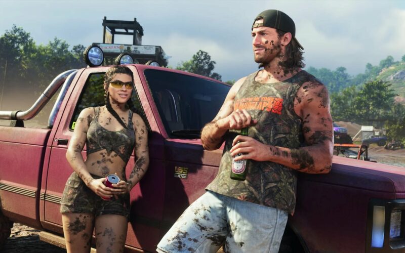 Jason et Lucia, couverts de boue, adossés à un pick-up rouge lors d’une course tout-terrain dans GTA VI