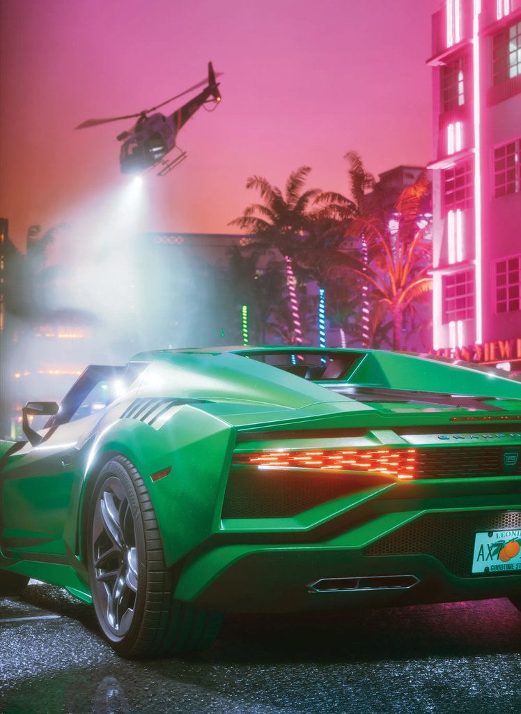 Une supercar verte immatriculée Leonida sous le projecteur d’un hélicoptère, devant un hôtel aux néons roses de Vice City