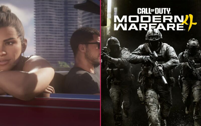 Visuel en deux parties : Lucia et Jason en décapotable dans GTA VI à gauche, trois soldats sous le logo Call of Duty: Modern Warfare 4 à droite