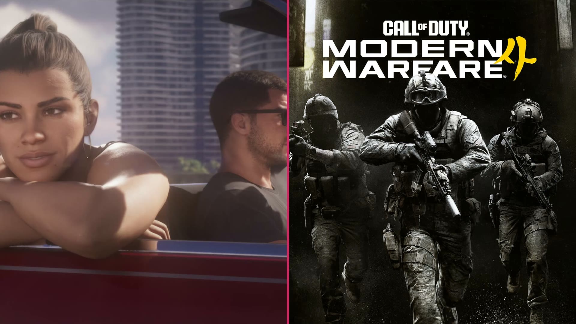 Visuel en deux parties : Lucia et Jason en décapotable dans GTA VI à gauche, trois soldats sous le logo Call of Duty: Modern Warfare 4 à droite