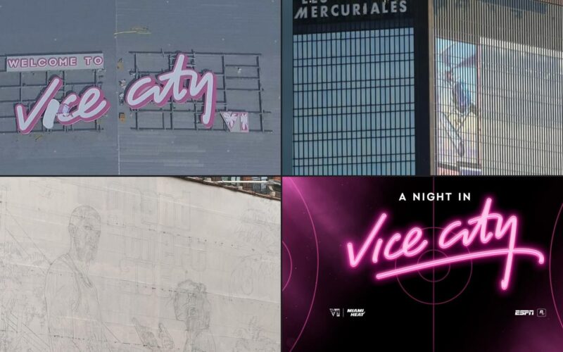 Quatre images de la campagne GTA VI : le panneau « Welcome to Vice City » sur le toit du Kaseya Center, la bâche des Mercuriales à Paris, l’esquisse de la fresque de Brooklyn et le visuel « A Night in Vice City » du Miami HEAT