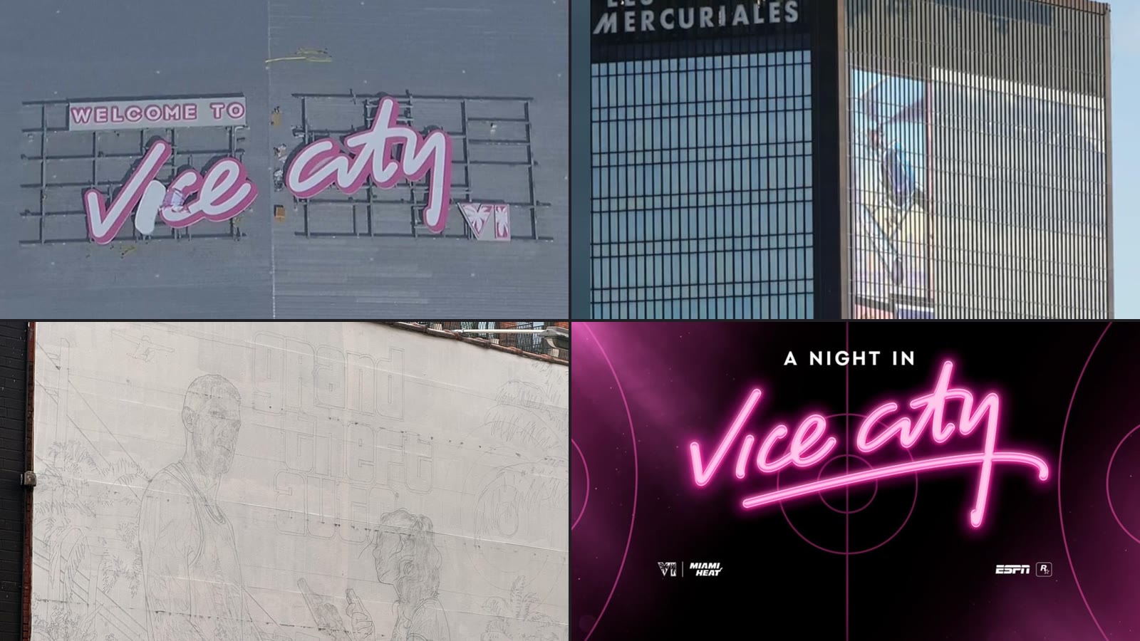 Quatre images de la campagne GTA VI : le panneau « Welcome to Vice City » sur le toit du Kaseya Center, la bâche des Mercuriales à Paris, l’esquisse de la fresque de Brooklyn et le visuel « A Night in Vice City » du Miami HEAT