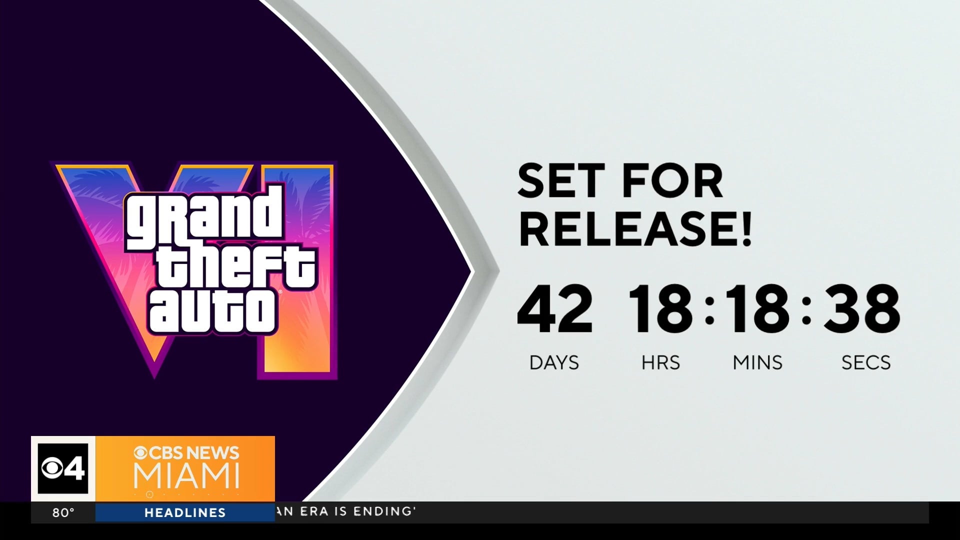 Logo de GTA VI et compte à rebours avant la sortie affiché à l’antenne de CBS News Miami
