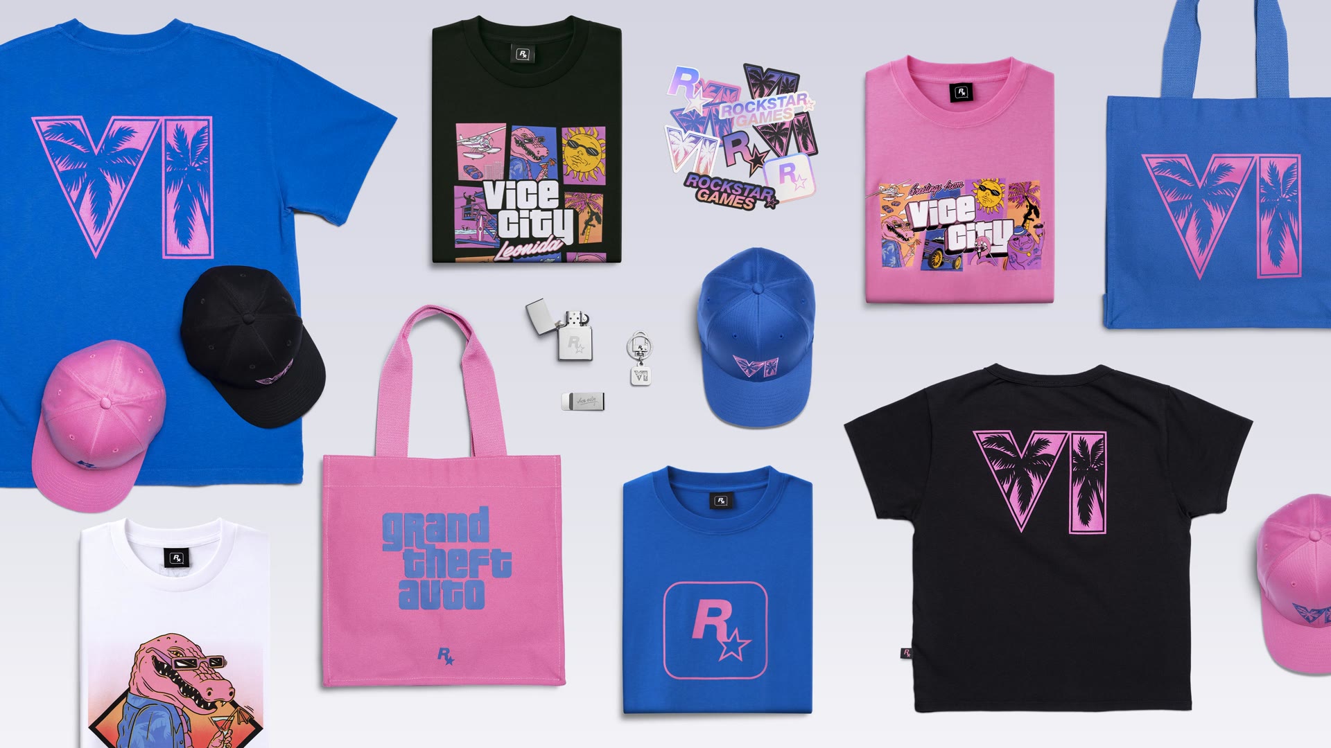 T-shirts, casquettes, tote bags, stickers, Zippo et porte-clés de la Collection GTA VI de la boutique Rockstar