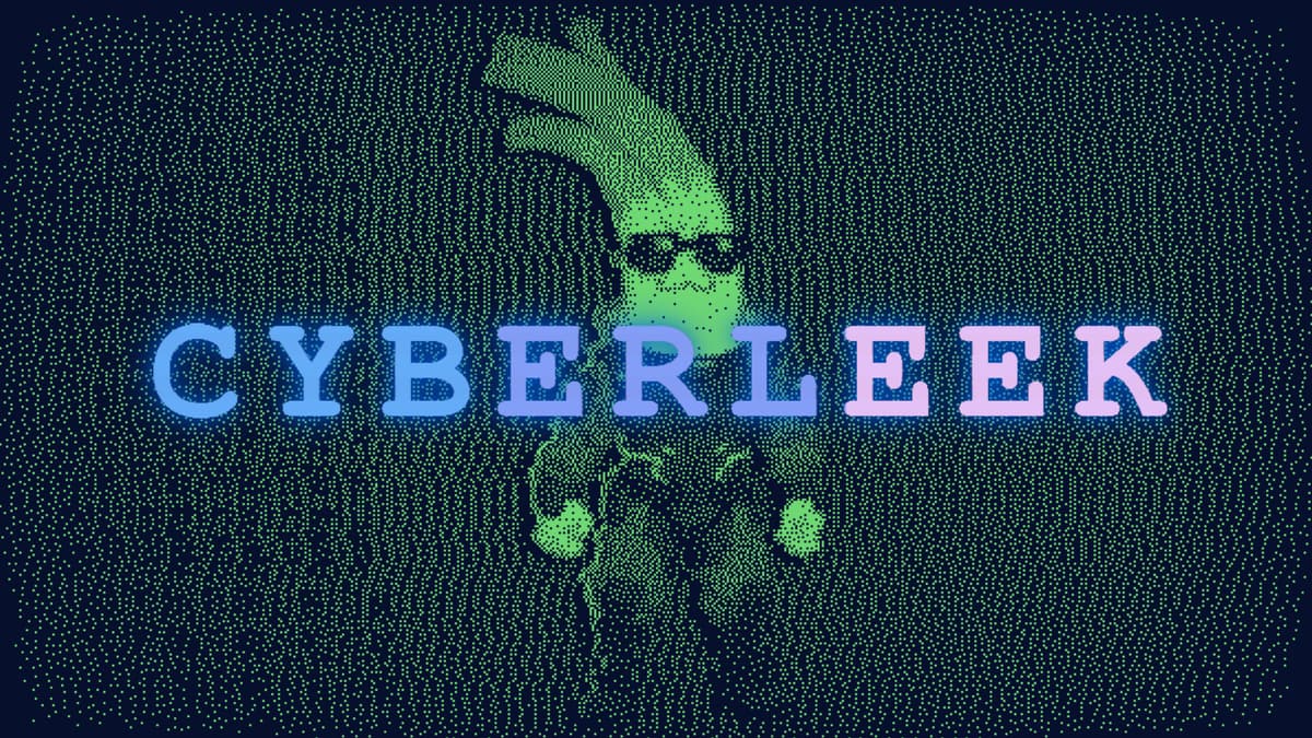 Le logo Cyberleek et son avatar en forme de poireau à lunettes noires, sur fond de points verts